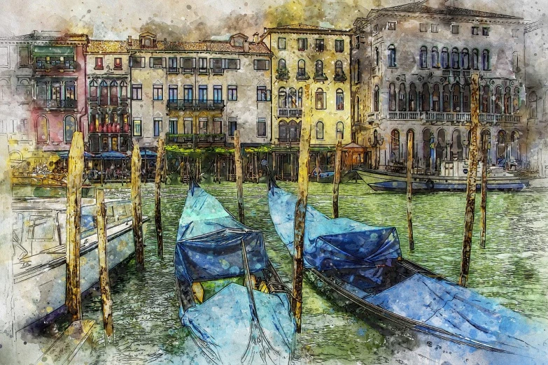 a group of boats sitting on top of a body of water, a digital painting, inspired by Francesco Guardi, trending on pixabay, fine art, gondolas, tonemapped, watercolor on canvas, istock