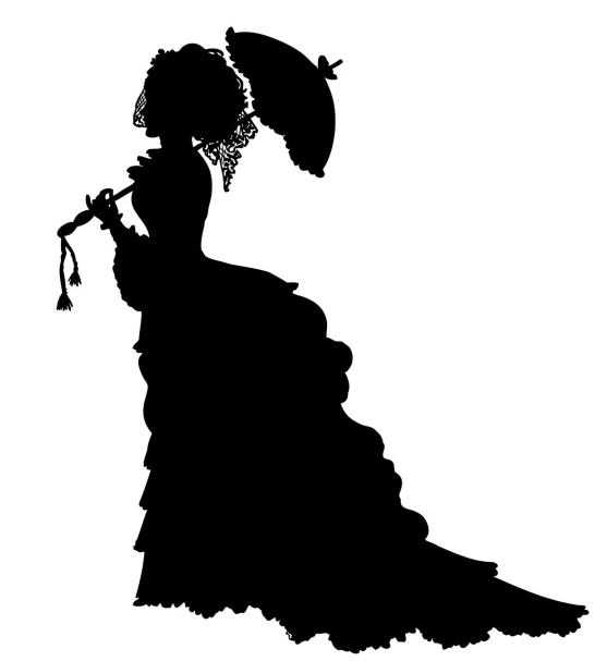 a silhouette of a woman holding an umbrella, inspired by Charles Dana Gibson, baroque, in a fancy elaborate dress, full res, frill, 1 8 7 0 s era clothing