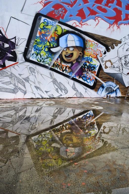 a man riding a skateboard on top of a puddle of water, graffiti art, by NEVERCREW, flickr, reflection of iphone in visor, the last portrait of mac miller, hyperdetailed!!, art foreground : eloy morales