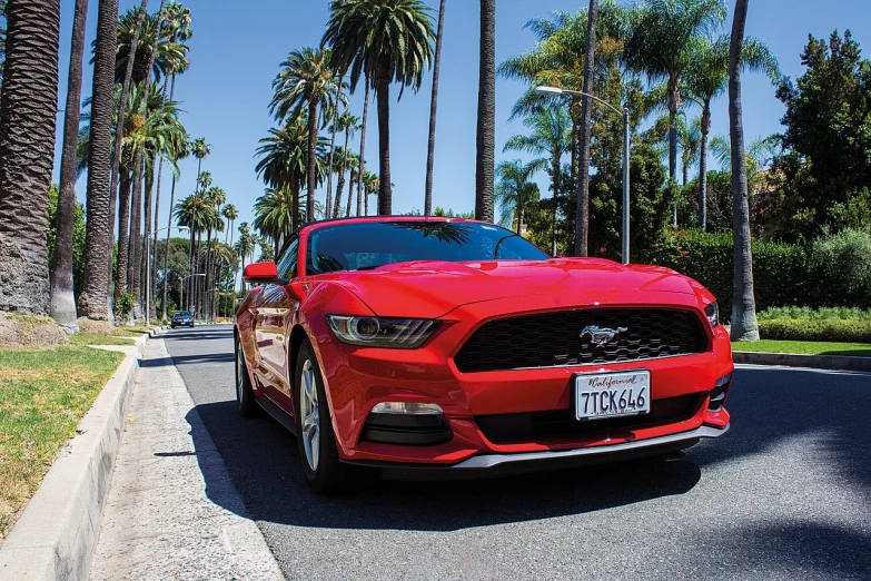 a red mustang parked on the side of the road, a picture, by Matt Cavotta, shutterstock, los angeles 2 0 1 5, near the beach, front facing the camera, ultra wide-shot
