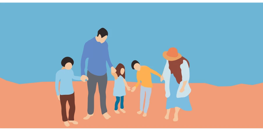 a group of people standing on top of a sandy beach, a digital rendering, inspired by Oswaldo Viteri, shutterstock, families playing, with a blue background, color vector, lonely family