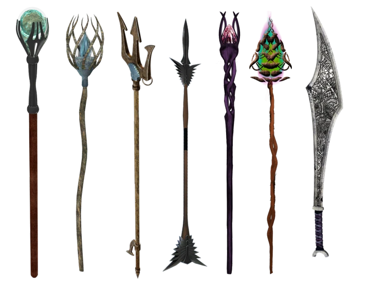 a bunch of different types of weapons on a black background, concept art, hurufiyya, magic wooden staff, perfect drow, heads, various posed