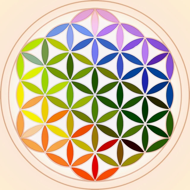 the colors of the flower of life are arranged in a circle, trichromatic colors, both bright and earth colors, prism, color leaves