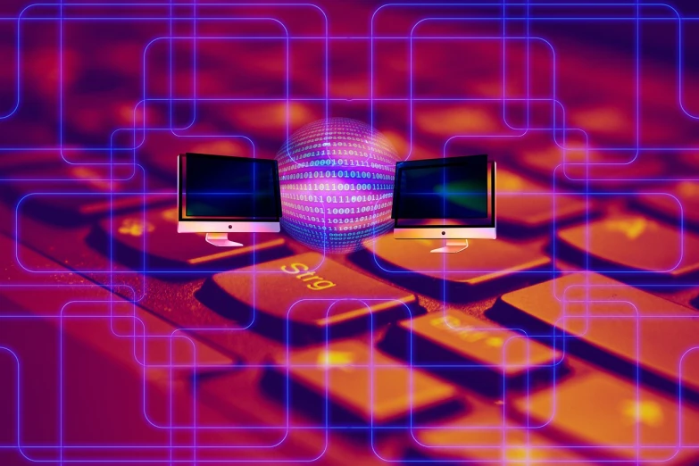 two computer monitors sitting on top of a keyboard, by Adam Marczyński, computer art, cyber security polygon, spherical, background image, neon virtual networks