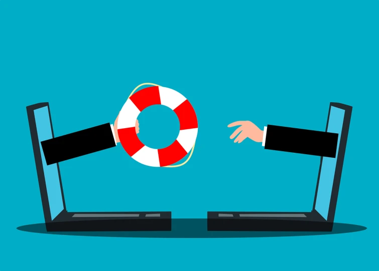 a laptop computer with a life preserver on the screen, pixabay, figuration libre, two hands reaching for a fish, have a call to action, digital asset, wallpaper - 1 0 2 4