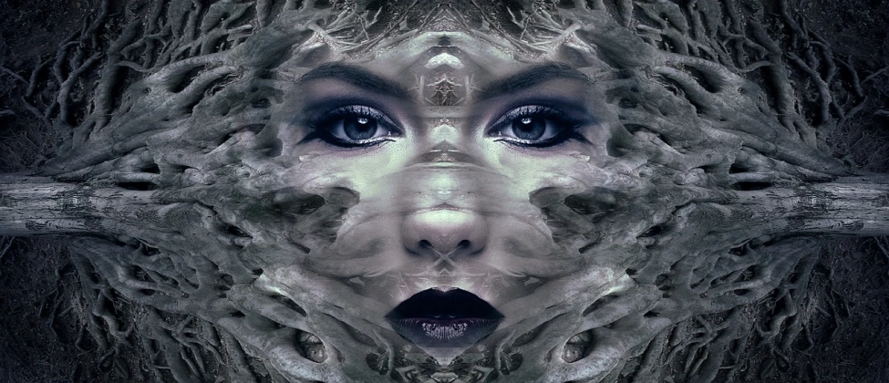 a close up of a person's face with trees in the background, digital art, inspired by Amanda Sage, psychedelic art, horror symmetrical face, female made of ice, dark and intricate photograph, gray anthropomorphic