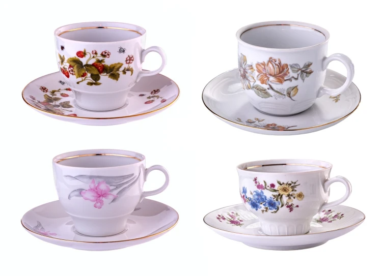 a set of four tea cups and saucers, a stock photo, inspired by Slava Raškaj, shutterstock, dau-al-set, flower, nostalgic 8k, on a white background, high - detail