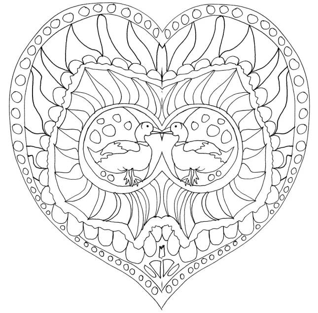 a black and white drawing of a heart, lineart, by Maksimilijan Vanka, art nouveau, bird mask, symmetric pattern, drawn in microsoft paint, the lovers