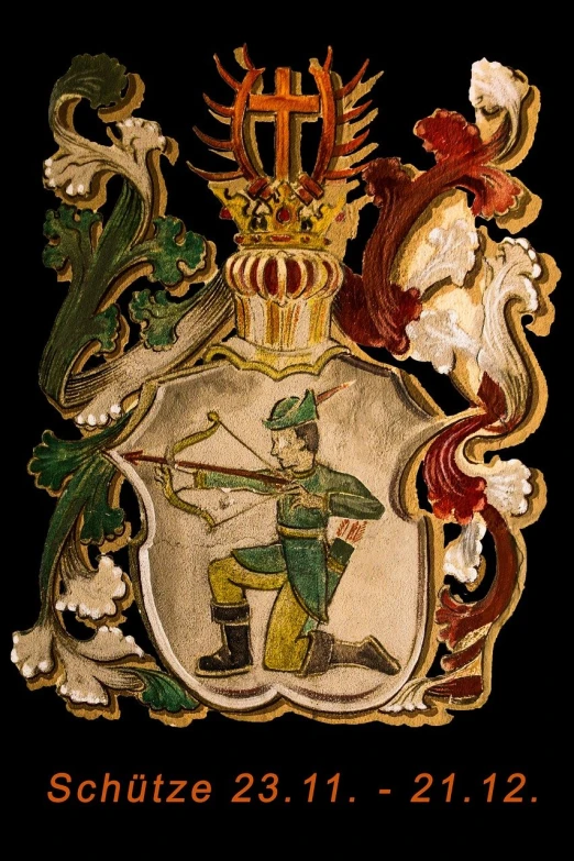 a coat of arms with a man holding a bow and arrow, a detailed painting, inspired by Hans Leu the Elder, flickr, folk art, cartouche, green arms, wooden decoration, joseph todorovitch ”