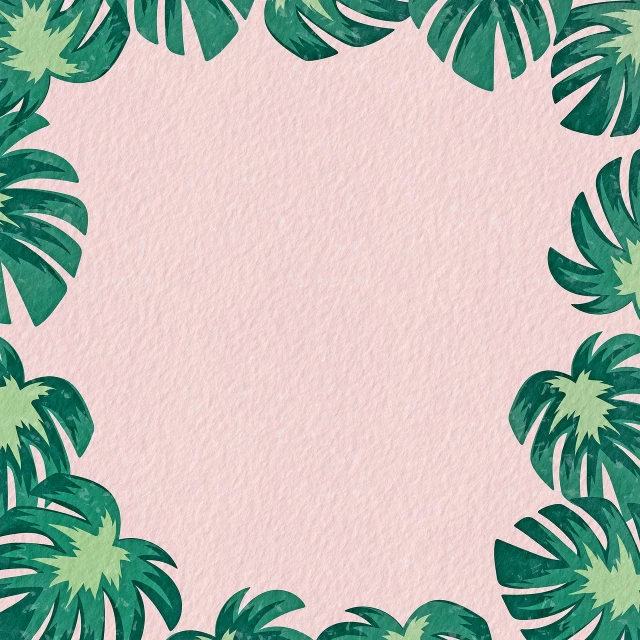 a green palm leaf frame on a pink background, inspired by Katsushika Ōi, 🪔 🎨;🌞🌄, wallpaper pattern, squared border, handcrafted paper background
