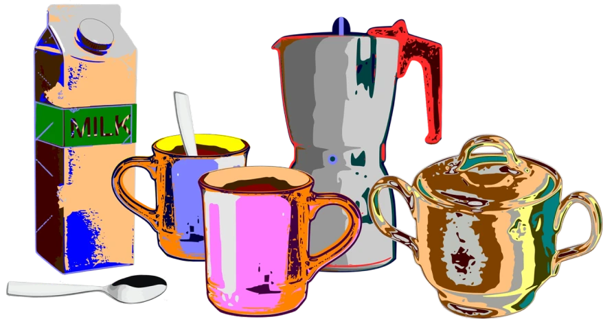 a group of coffee mugs sitting next to a carton of milk, a still life, by Antonio Saura, pixabay, pop art, !!! very coherent!!! vector art, metal kitchen utensils, dark kitchen of an art student, technicolour 1