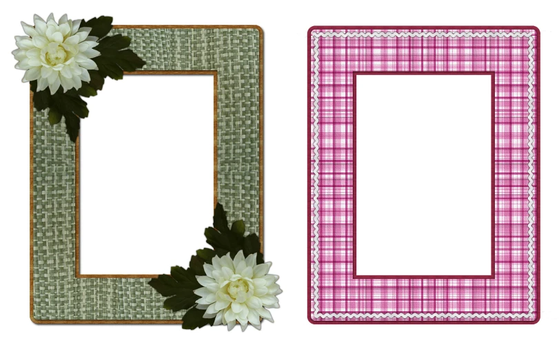 a couple of frames with flowers on them, inspired by Masamitsu Ōta, pixabay, white and pink cloth, scrapbook, checkered motiffs, matte photo-realistic