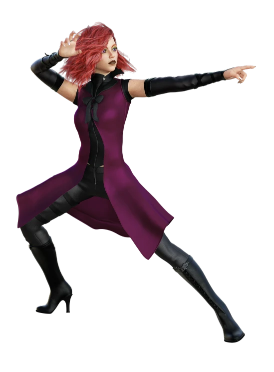 a woman in a purple dress and black gloves, a digital rendering, inspired by Shani Rhys James, heroic kicking pose, with long red hair, from avengers, ingame