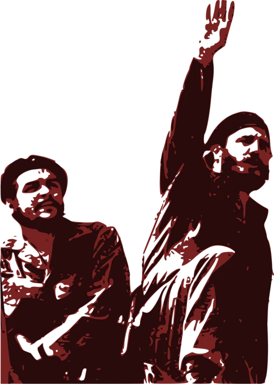 a couple of men standing next to each other, vector art, by Mustafa Rakim, sots art, arms held high in triumph, che guevara, posterized, detail