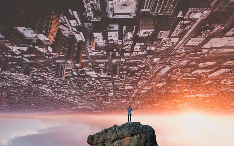 a person standing on top of a large rock, inspired by Beeple, surrealism, photo of futuristic cityscape, surreal collage, top down photo, 2 0 2 2 photo