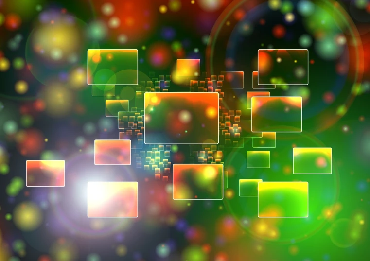 a bunch of squares that are in the air, flickr, digital art, bokeh iridescent accents, glowing computer screens, red green yellow color scheme, in a shapes background