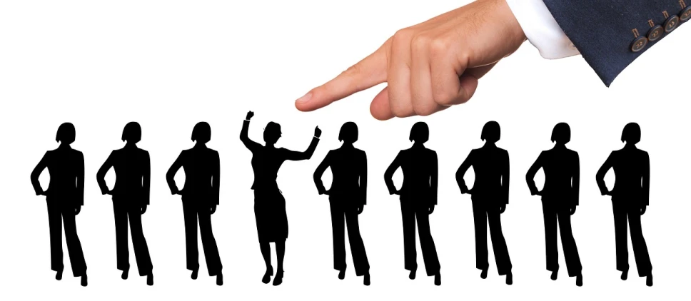 a person pointing at a line of silhouettes of people, someone lost job, excellent, women hand, well defined