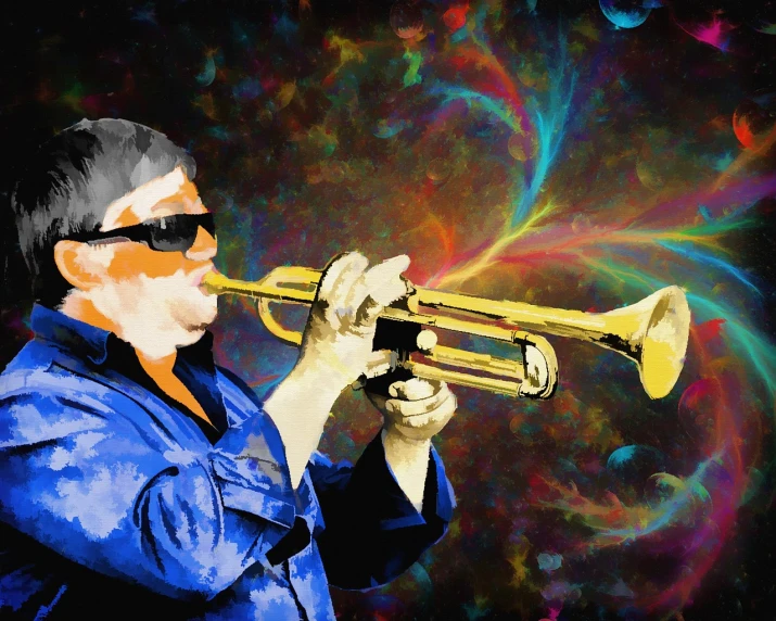 a painting of a man playing a trumpet, an airbrush painting, inspired by George Morrison, pixabay contest winner, funk art, colorized background, steve wozniak, physics splashes of colors, big boss