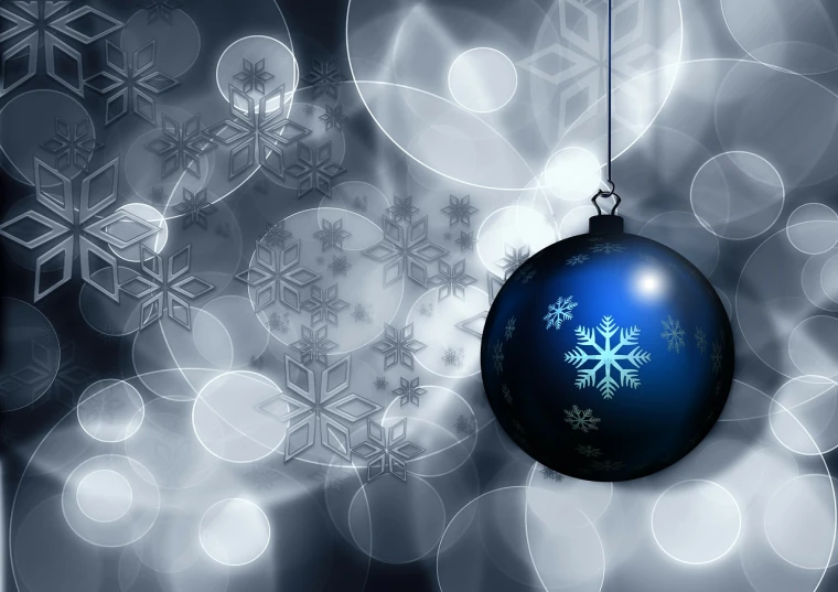 a blue christmas ornament hanging from a string, shutterstock, digital art, blue and black color scheme)), fractals in the background, the light is bright and wintry, monochromatic background