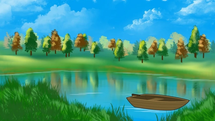 a small boat floating on top of a lake, a digital painting, digital art, meadow background, ms paint drawing, beautiful art uhd 4 k, on a bright day