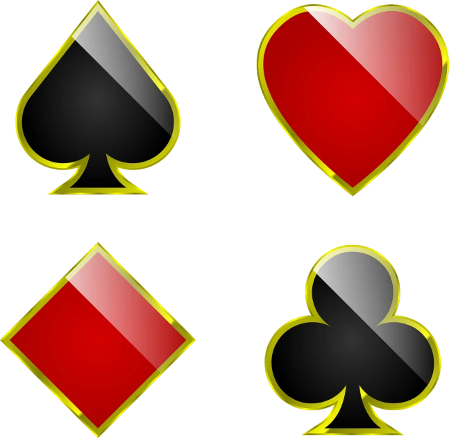 a set of four different types of playing cards, playing card suit hearts, shining gold and black and red, silicon and carbon, grand!