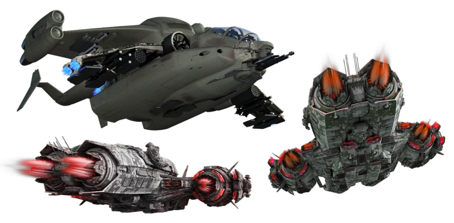 a couple of spaceships that are next to each other, by senior environment artist, zbrush central contest winner, spaceships flying around, front back view and side view, super detail of each object, hyperrealistic vfx render