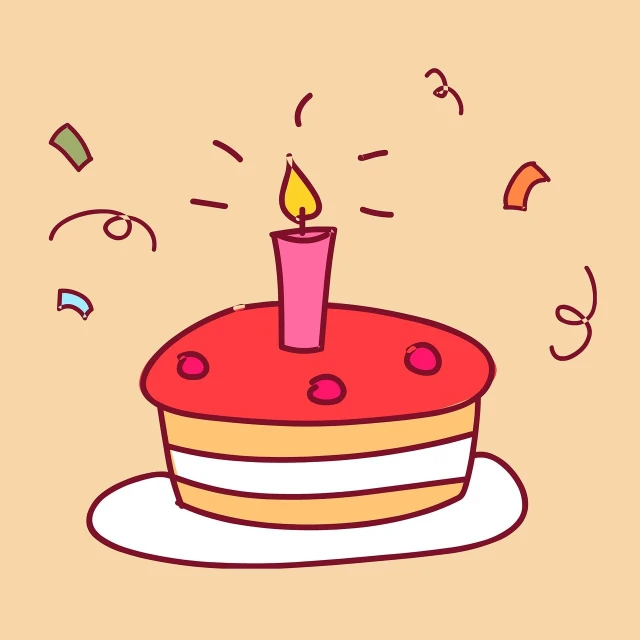 a birthday cake with a lit candle on top, shutterstock, figuration libre, doodle hand drawn, red color theme, confetti, simple and clean illustration