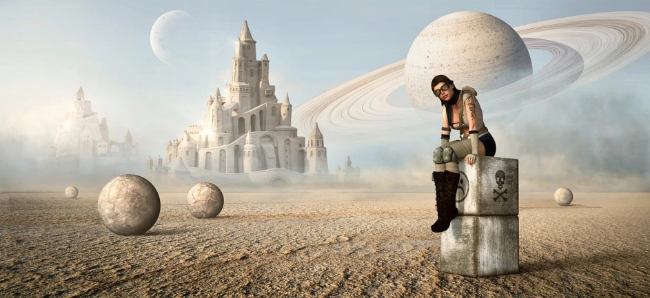a woman sitting on a pillar in the middle of a desert, fantasy art, in a castle on an alien planet, urban fantasy setting, in a style blending æon flux, on another planet