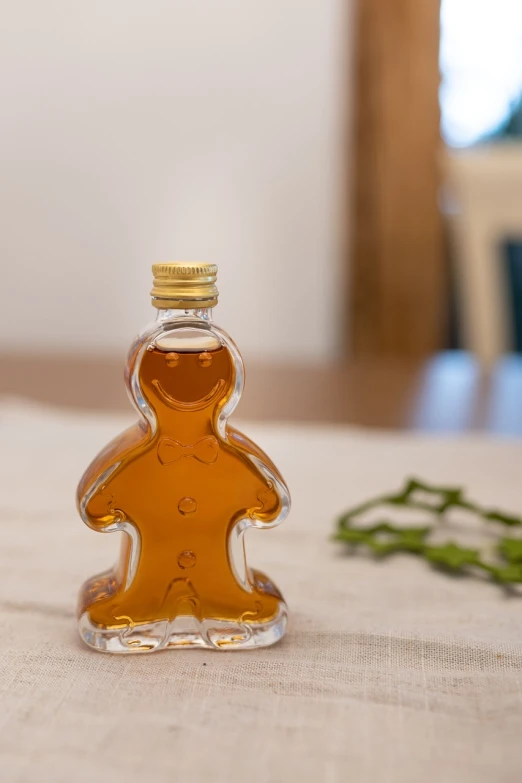 a bottle of syrup sitting on top of a table, a picture, by Jakob Gauermann, pixabay, gingerbread people, stock photo, person made out of glass, herb