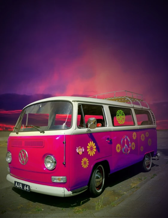 a pink and white van parked in a parking lot, a colorized photo, by John Moonan, pixabay contest winner, pop art, hippie motifs, evil. vibrant colors. cute, fun - w 704, sunset view