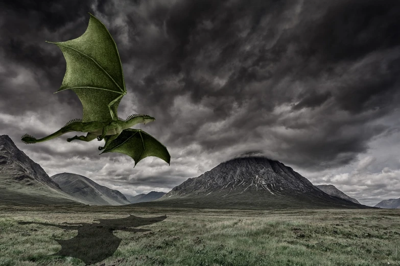 a large green dragon flying over a lush green field, a matte painting, inspired by Franz Sedlacek, pixabay contest winner, scottish highlands, dark dramatic skies, dramatic mountains in background, award - winning photo. ”