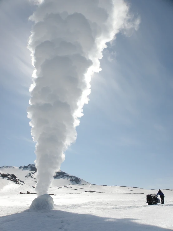 a group of people standing on top of a snow covered slope, a picture, land art, thick swirling smoke tornado, cryo engine, cone, eero aarnio