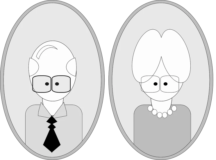 a man and a woman with glasses and a tie, a black and white photo, by Tom Carapic, pixabay contest winner, naive art, mourning family, 2d minimalist vector art, grandma, oval face