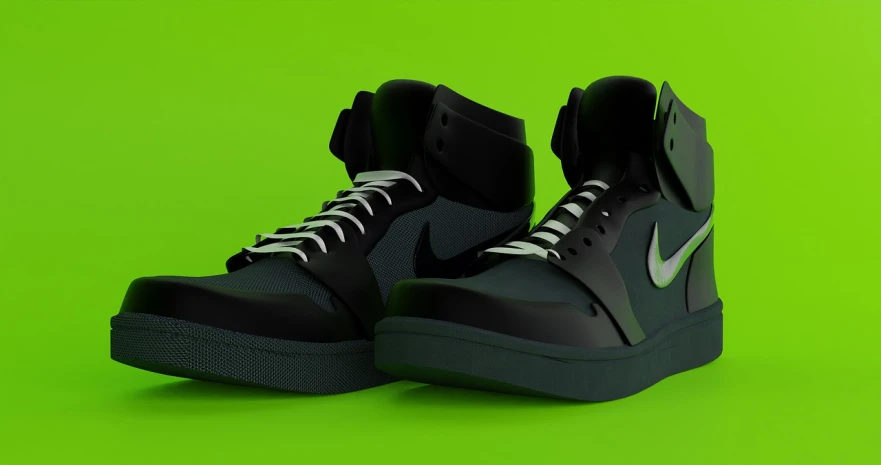 a pair of black sneakers on a green background, a 3D render, inspired by Karl Kopinski, trending on polycount, hypermodernism, rendered in unreal 5, for hire 3d artist, swoosh, octane render ] ”