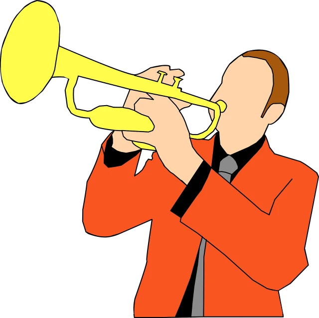 a man in an orange jacket playing a trumpet, inspired by Tex Avery, pixabay, with a black background, wikihow illustration, stock photo