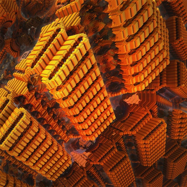 a bunch of orange bricks stacked on top of each other, a screenshot, inspired by tomasz alen kopera, cg society contest winner, abstract illusionism, mechanically enhanced honeycomb, fractal buildings, above view, detailed innards