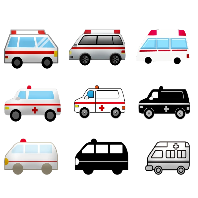 a bunch of different types of ambulances on a black background, vector art, shutterstock, digital art, icon pack, 2008, cute, game icon asset