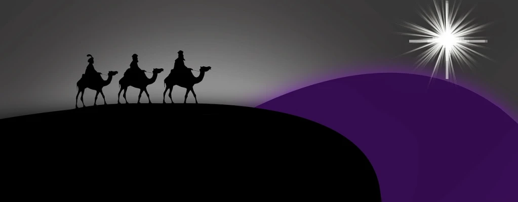 three people riding on the backs of three camels, digital art, trending on pixabay, digital art, more dark purple color scheme, bible, christmas, looking this way