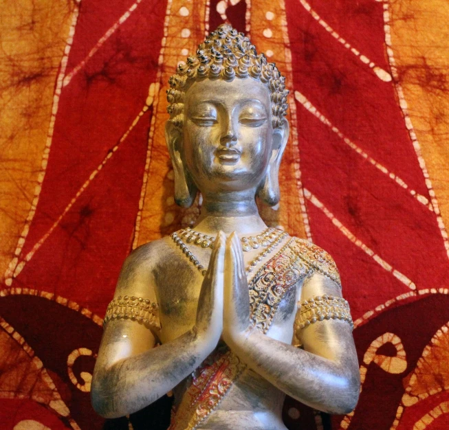 a close up of a statue of a person, a statue, by Kathleen Scott, flickr, cloisonnism, hindu stages of meditation, on the altar, yoga meditation pose, silver