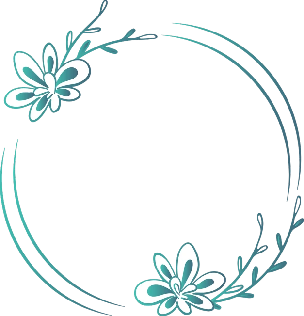 a circle of flowers on a black background, a digital rendering, deviantart, sōsaku hanga, turquoise color scheme, flower frame, simple elegant design, peppermint motif
