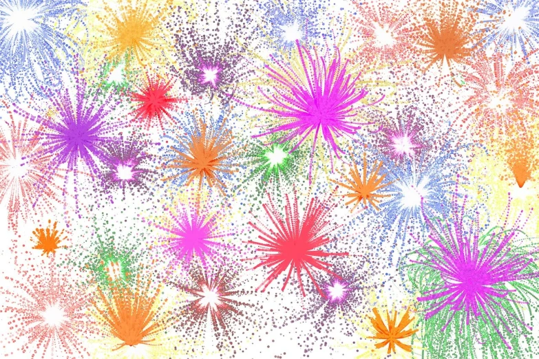 a bunch of colorful fireworks on a white background, a stipple, inspired by Alesso Baldovinetti, flower background, 64x64, some chaotic sparkles, foreground background