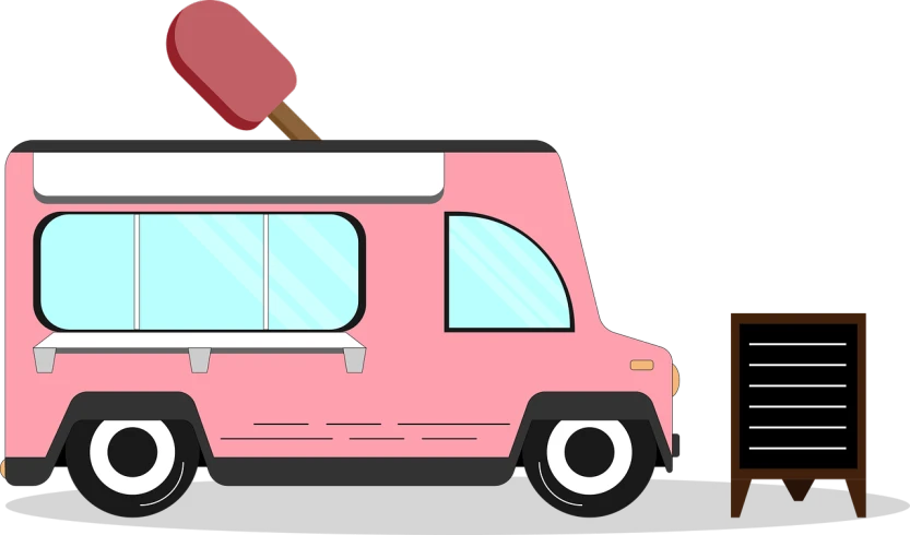 a pink ice cream truck with a wooden chair, concept art, pixabay, conceptual art, neon pink and black color scheme, cake, microbus, f 5. 8