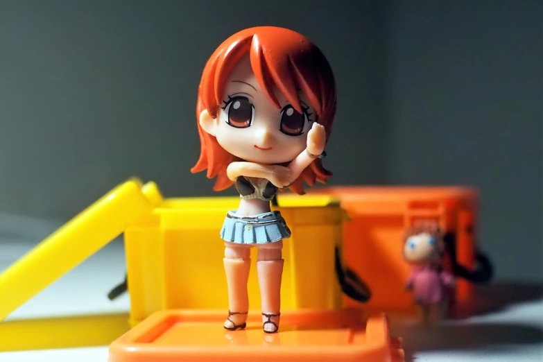 a close up of a toy figure on a table, pixiv, nami from one piece, shot with a camera flash, panoramic view of girl, chibi proportions