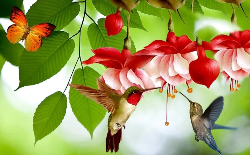 a couple of birds that are flying in the air, by Wu Zhen, trending on pixabay, arabesque, rubrum lillies, lush gardens hanging, photorealistic photo, beautiful composition 3 - d 4 k