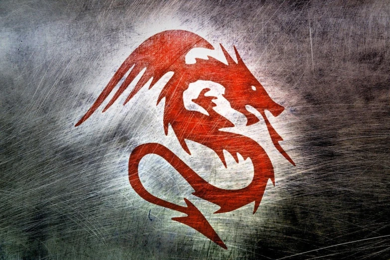 a close up of a red dragon on a metal surface, a picture, deviantart, graffiti, insignia, medieval background, icon, hd quality