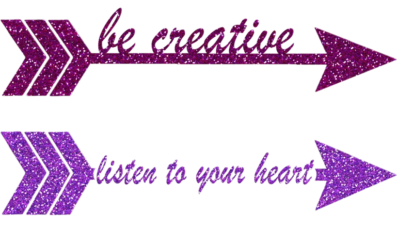 two purple glitter arrows with the words be creative and listen to your heart, a picture, imvu, header, ideas, b