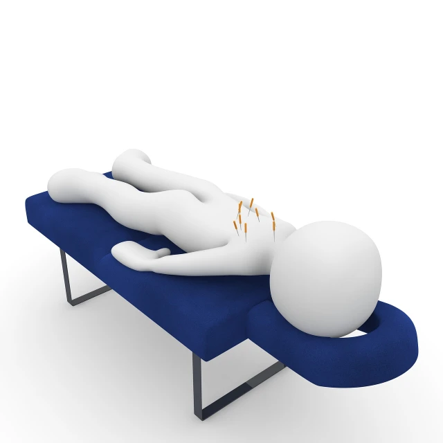 a person laying on top of a blue bench, an illustration of, acupuncture treatment, clean 3 d render, full length photo, full color illustration