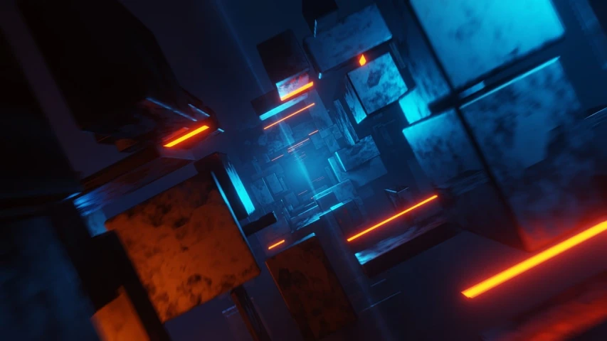 a close up of a building with neon lights, a 3D render, inspired by Mike Winkelmann, cube portals, some orange and blue, abstract blocks, chaotic cinematic space rift