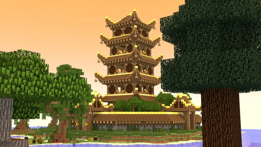 a tall tower sitting in the middle of a forest, inspired by Tōshi Yoshida, minecraft style, tang dynasty palace, golden sacred tree, restaurant!