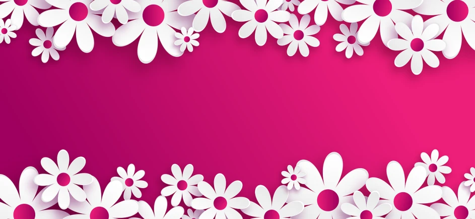 a bunch of paper flowers on a pink background, vector art, digital art, white border frame, daisies, 3d flat layered paper shadow box, magenta colours